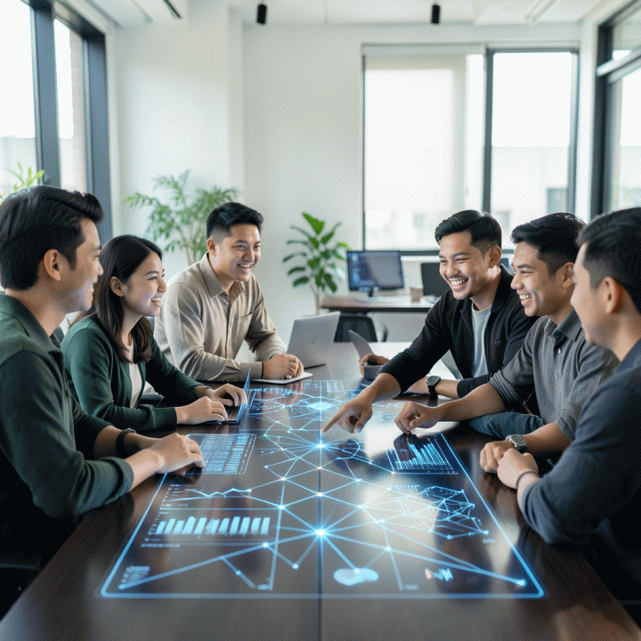 Sekelompok pebisnis muda Indonesia yang berkolaborasi di ruangan modern, dikelilingi oleh visualisasi data hologram berwarna biru dan emas, menunjukkan perencanaan strategi bisnis berbasis analitik.