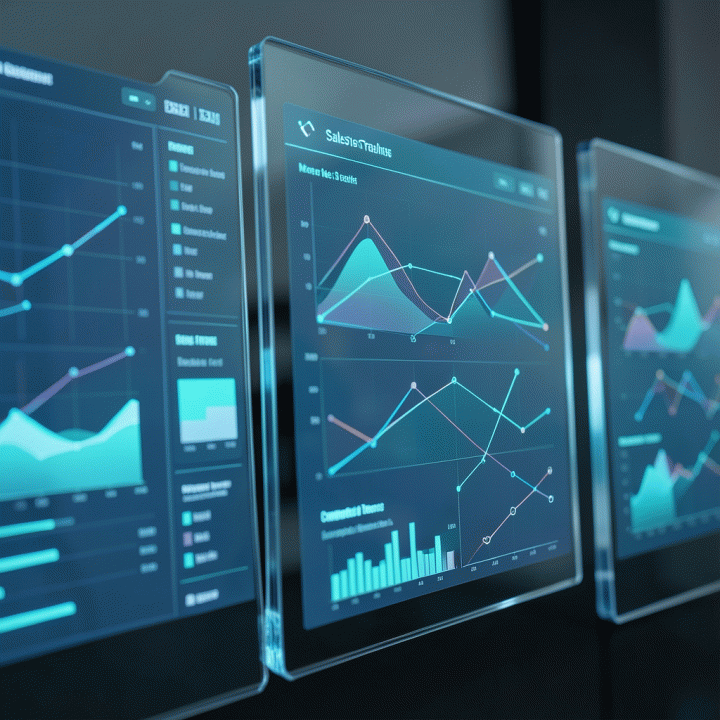 Dashboard analitik digital futuristik yang menampilkan grafik dan peta panas kompleks tanpa teks yang dapat dibaca, menandakan analisis data bisnis tingkat lanjut.
