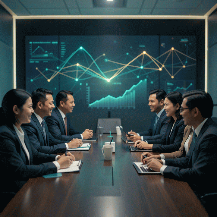 Grup profesional bisnis Indonesia berdiskusi serius di ruangan modern, dikelilingi visualisasi data futuristik yang melambangkan perencanaan strategis dan pertumbuhan bisnis masa depan.
