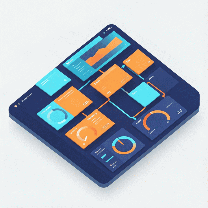 Tampilan isometrik dashboard analitik bisnis yang modern dan terstruktur, menunjukkan berbagai metrik kinerja yang saling terhubung secara abstrak.