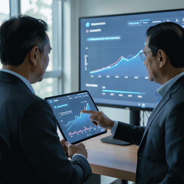 Seorang pengguna sedang menganalisis grafik tren pasar dan strategi bisnis menggunakan dashboard digital di tablet.