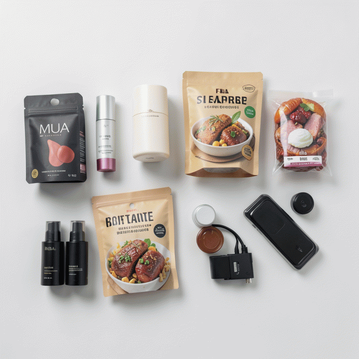 Berbagai macam produk fisik (kosmetik, makanan premium) yang ditata apik, menunjukkan peluang jualan di marketplace online.