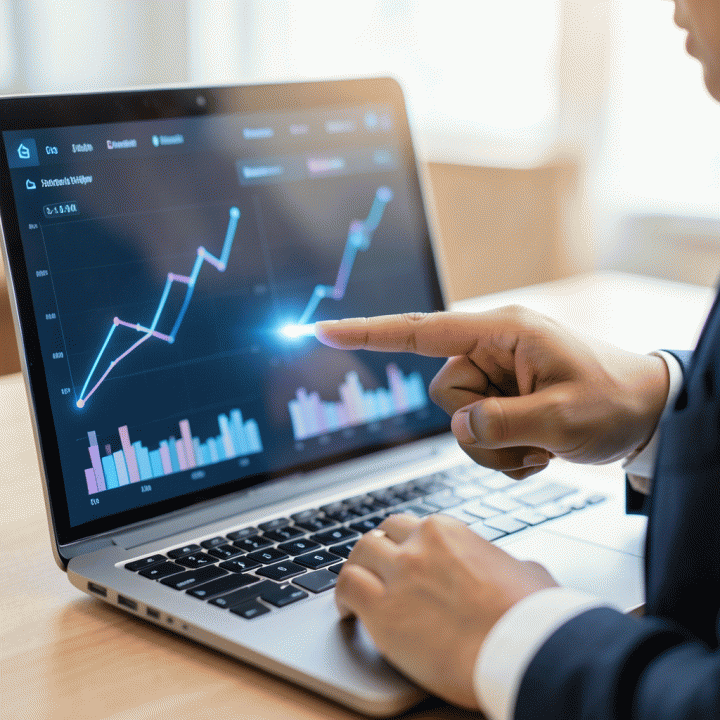 Dua tangan profesional yang menunjuk ke dashboard analitik bisnis di laptop, menggambarkan kerja sama dalam analisis data e-commerce.