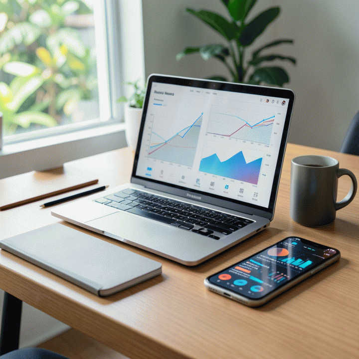 Foto meja kerja modern yang profesional di Indonesia dengan laptop menampilkan visualisasi grafik bisnis e-commerce yang abstrak, menunjukkan perencanaan strategi dan pertumbuhan usaha.