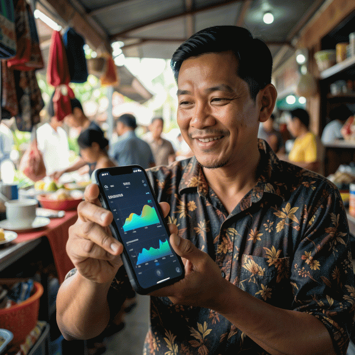 Seorang pemilik usaha kecil di Indonesia melihat dengan percaya diri ke layar smartphone yang menampilkan visualisasi data penjualan e-commerce yang dioptimalkan.