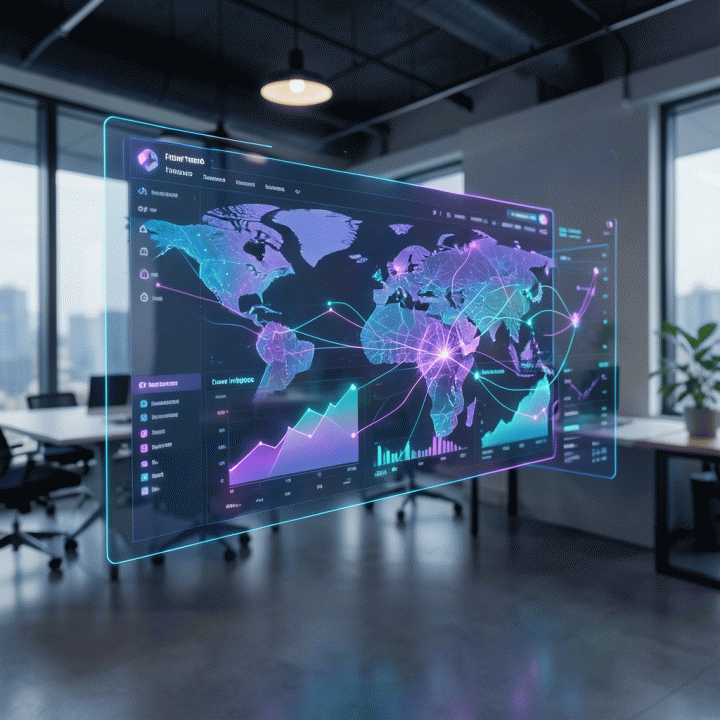 Visualisasi dashboard e-commerce futuristik yang menampilkan tren data global dan analisis AI, menunjukkan potensi pertumbuhan bisnis.