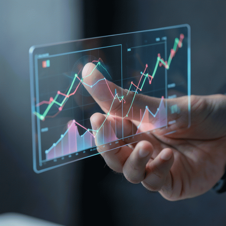 Tangan berinteraksi dengan antarmuka holografik yang menampilkan grafik prediktif pasar dan rekomendasi harga e-commerce menggunakan AI.
