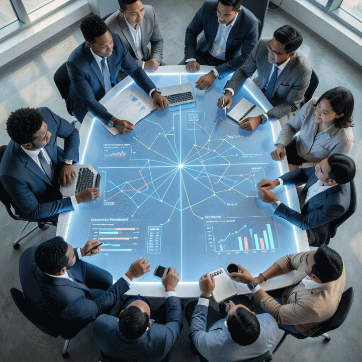 Kelompok profesional muda Indonesia berdiskusi di atas meja digital yang menampilkan data analisis e-commerce, melambangkan strategi bisnis berbasis data.