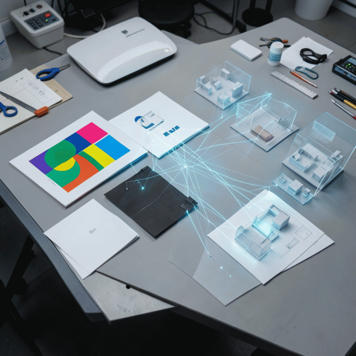 Berbagai aset desain digital 2D dan 3D yang siap pakai tersusun di atas meja kerja modern, menunjukkan hasil kreasi yang ditingkatkan oleh AI.