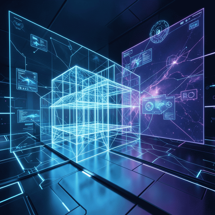 Representasi visual futuristik dari integrasi dimensi 3D dan spasial ke dalam aset digital 2D menggunakan bantuan kecerdasan buatan (AI).