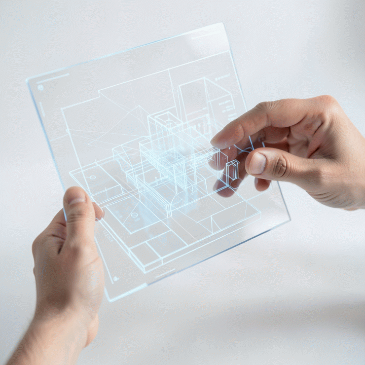 Tangan seorang content creator berinteraksi dengan antarmuka holografik yang menampilkan desain spasial 3D yang kompleks, menunjukkan penggunaan AI dalam desain.