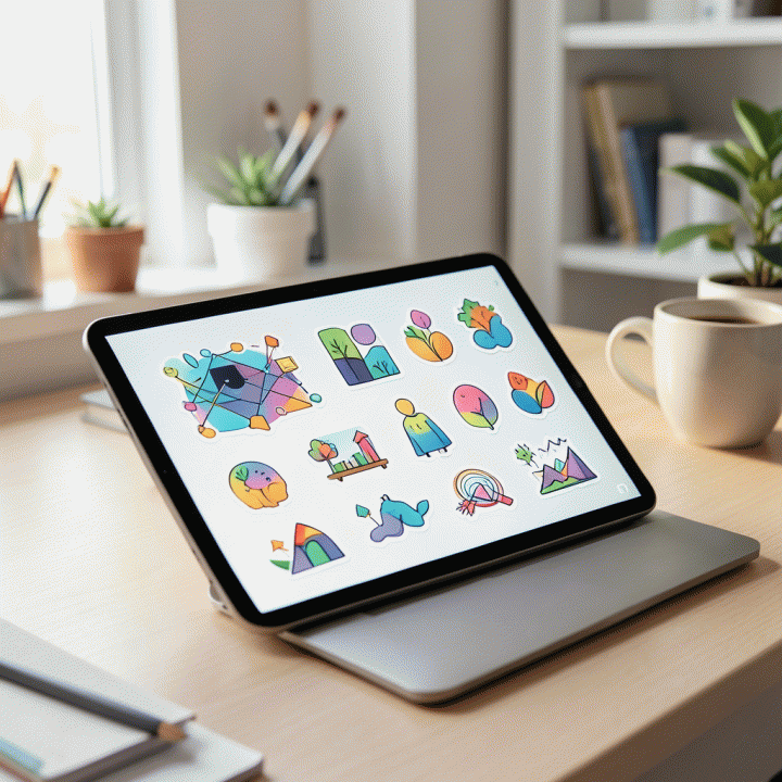 Meja kerja digital yang modern dan profesional dengan tablet yang menampilkan berbagai stiker digital premium dan elemen grafis yang bersemangat, melambangkan kreativitas dan tren desain.