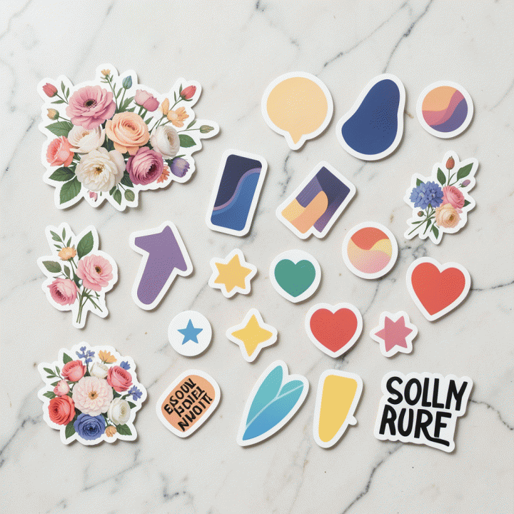 Komposisi flat lay dari berbagai aset stiker digital premium dengan tema yang beragam, siap digunakan untuk konten kreatif.