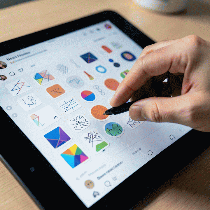 Tangan yang menggunakan tablet untuk menata dan menambahkan stiker digital ke dalam desain feed media sosial.
