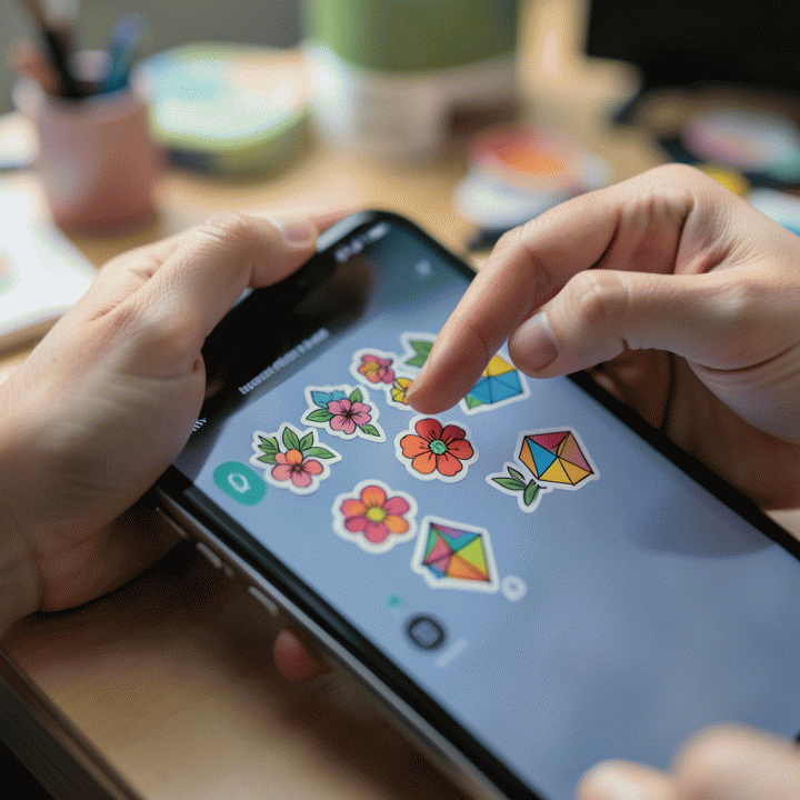 Tangan yang sedang menambahkan stiker dekoratif ke desain digital di layar gadget.