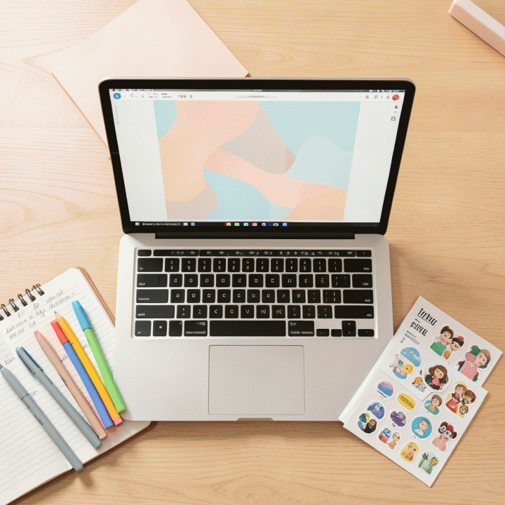 Foto flat lay meja kerja konten kreator yang estetik dengan laptop, buku catatan, dan set stiker digital premium yang menampilkan suasana kerja kreatif modern.