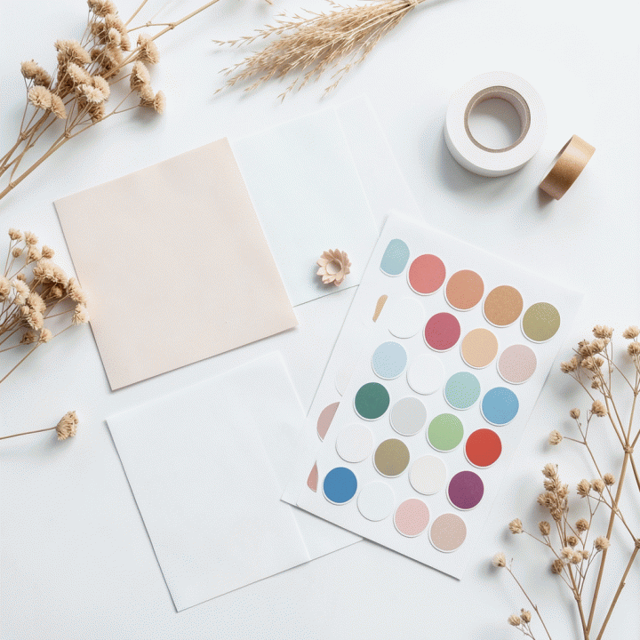 Komposisi flat lay set stiker digital yang rapi dan estetik dengan latar belakang minimalis, cocok untuk konten perencanaan kreatif.