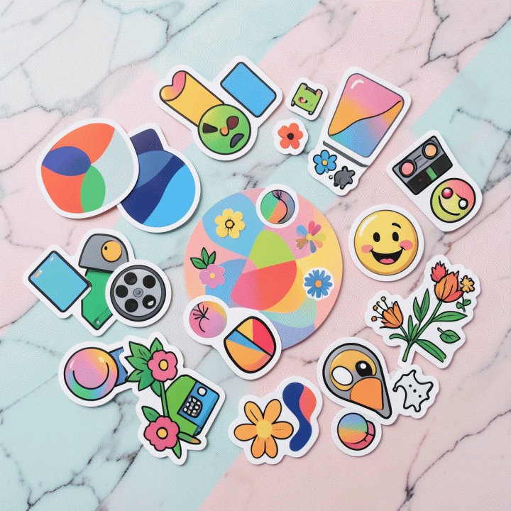 Komposisi flat lay yang cerah dan detail menampilkan berbagai aset stiker digital trendi untuk konten Instagram, diletakkan di atas latar belakang estetis.