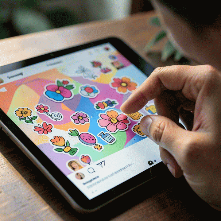 Tangan sedang mendesain konten Instagram di tablet menggunakan berbagai stiker digital yang berwarna-warni dan trendi.