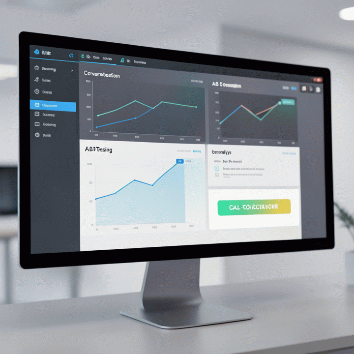 Dashboard digital yang menampilkan visualisasi data konversi dan elemen optimasi A/B testing yang modern dan rapi.