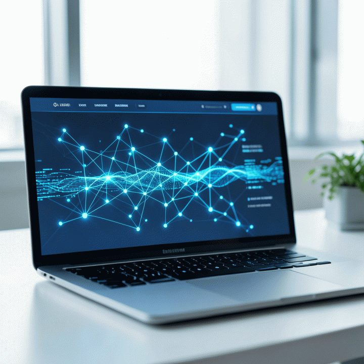 Representasi visual AI yang mengintegrasikan desain landing page modern dan futuristik di layar laptop, melambangkan peningkatan konversi dan efisiensi desain.