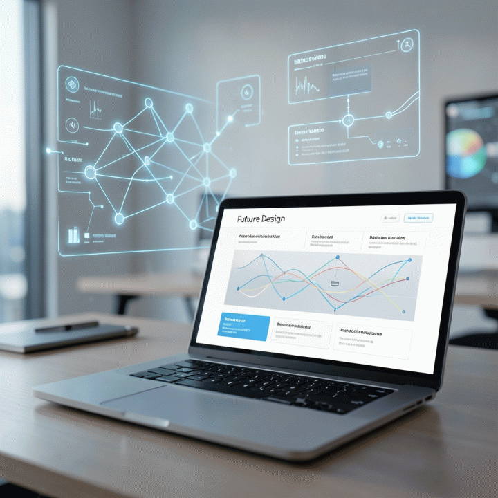 Visualisasi futuristik dan profesional dari proses desain landing page modern yang memanfaatkan AI dan personalisasi untuk meningkatkan konversi.