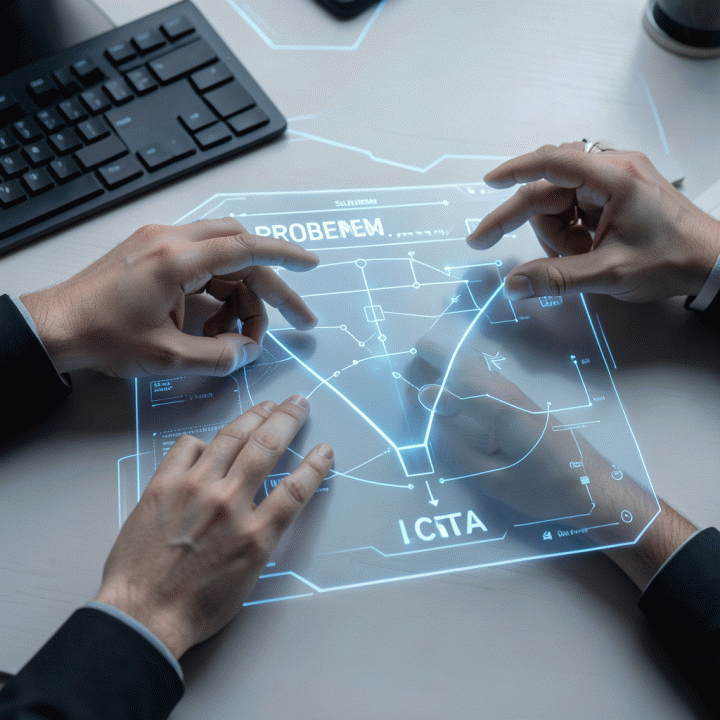 Tangan yang berinteraksi dengan antarmuka holografik untuk memetakan alur konversi (sales funnel) sebuah landing page, menekankan efisiensi dan strategi.