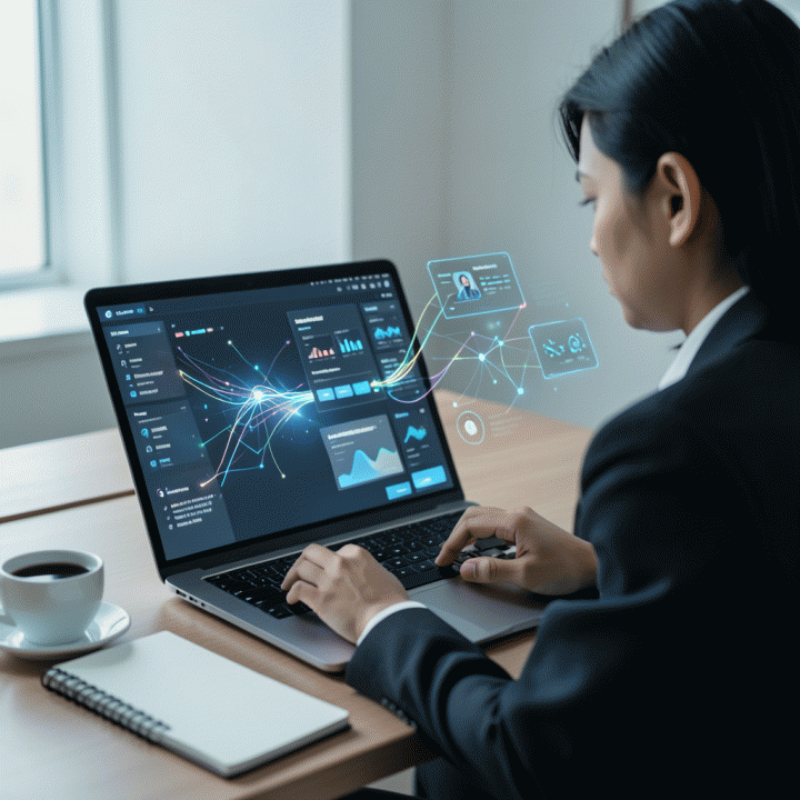 Visualisasi seorang profesional yang menggunakan AI untuk mendesain landing page modern dan berkonversi tinggi di ruang kerja minimalis yang futuristik.