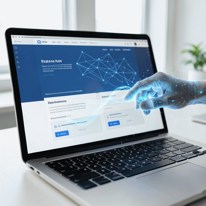 Tampilan layar laptop yang menunjukkan proses penyesuaian landing page secara otomatis oleh AI, menyoroti fitur personalisasi dan desain yang efisien.