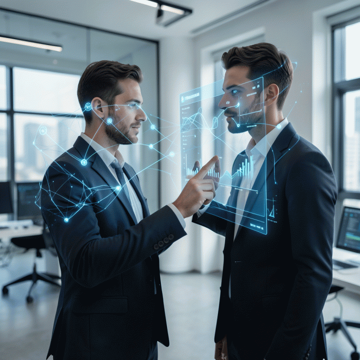 Ilustrasi futuristik dan profesional tentang seorang profesional digital marketing yang berinteraksi dengan antarmuka AI holografik untuk merancang landing page yang dipersonalisasi, melambangkan tren desain 2026.