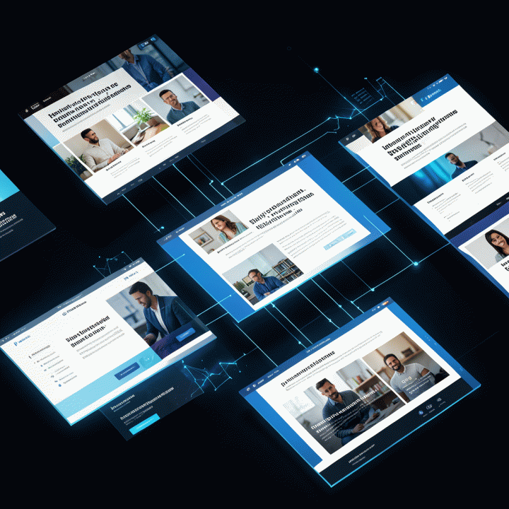 Visualisasi konseptual dari segmentasi audiens dan personalisasi konten landing page yang berbeda di berbagai layar, menunjukkan efektivitas penargetan AI.