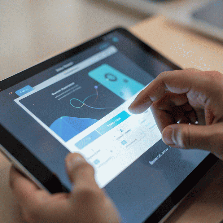 Tangan pengguna berinteraksi dengan antarmuka tablet AI yang secara otomatis menyusun atau mengoptimalkan struktur landing page, menekankan kemudahan dan kecepatan.