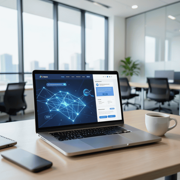 Tampilan workspace modern dengan laptop menampilkan desain landing page konversi tinggi yang terintegrasi dengan elemen AI, menunjukkan profesionalisme dan teknologi canggih.