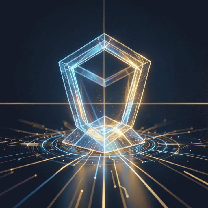 Visual abstrak yang menggambarkan konsep kepercayaan (trust) dalam pemasaran digital, berupa struktur geometris bercahaya yang kokoh.
