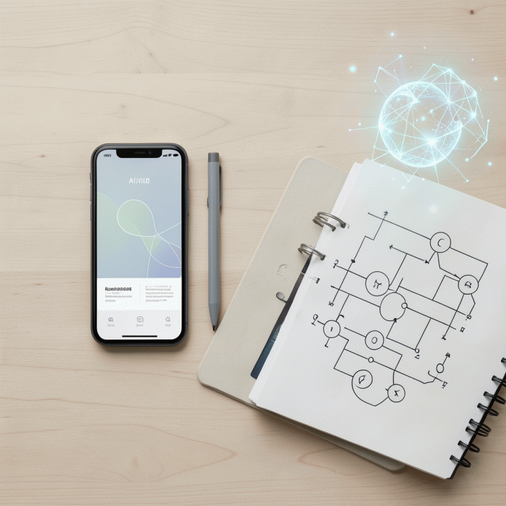 Komposisi flat lay yang menampilkan alat digital modern, mockup landing page, dan simbol AI, menunjukkan proses pembuatan landing page yang efisien.