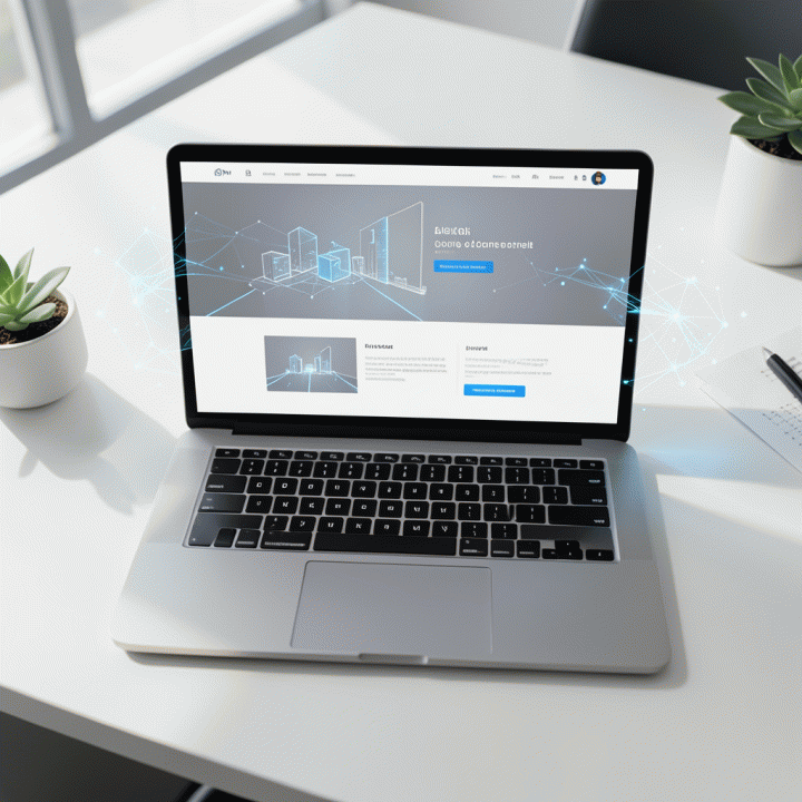 Tampilan laptop modern dengan desain landing page futuristik yang bersih dan minimalis, menonjolkan elemen UI/UX dan integrasi teknologi AI untuk konversi tinggi.