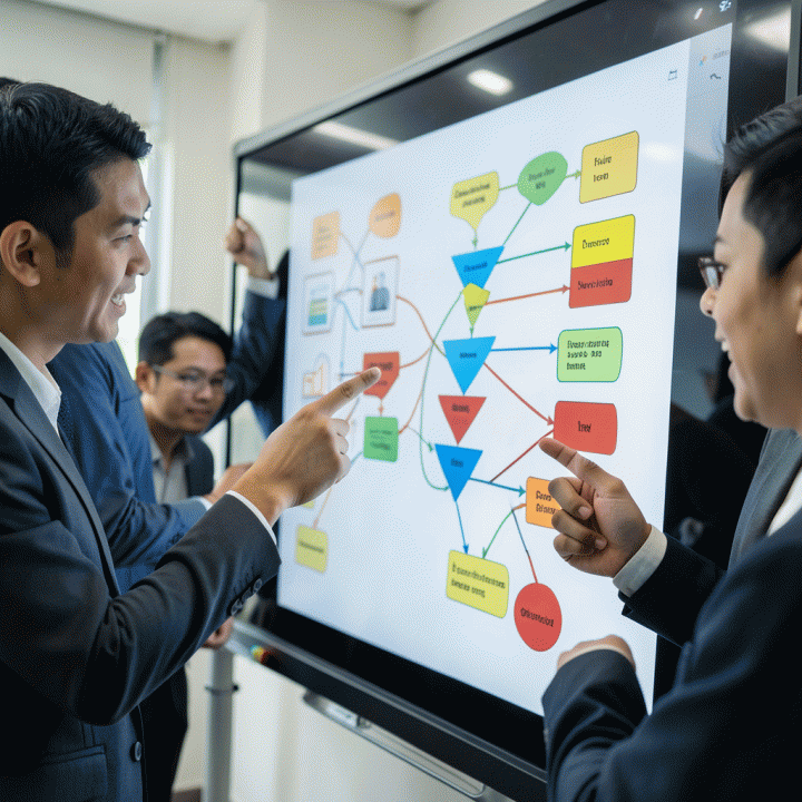 Tim marketer profesional Indonesia sedang berkolaborasi di sekitar papan tulis digital, memetakan alur konversi dan strategi UX/UI.
