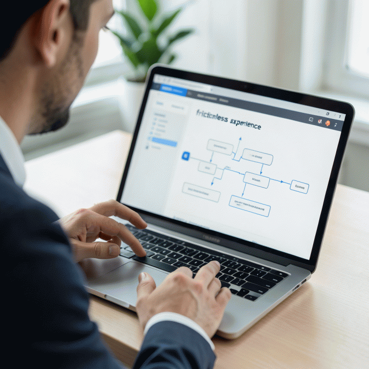 Seorang profesional sedang melihat laptop yang menampilkan alur kerja landing page yang mulus, melambangkan pengalaman tanpa gesekan.