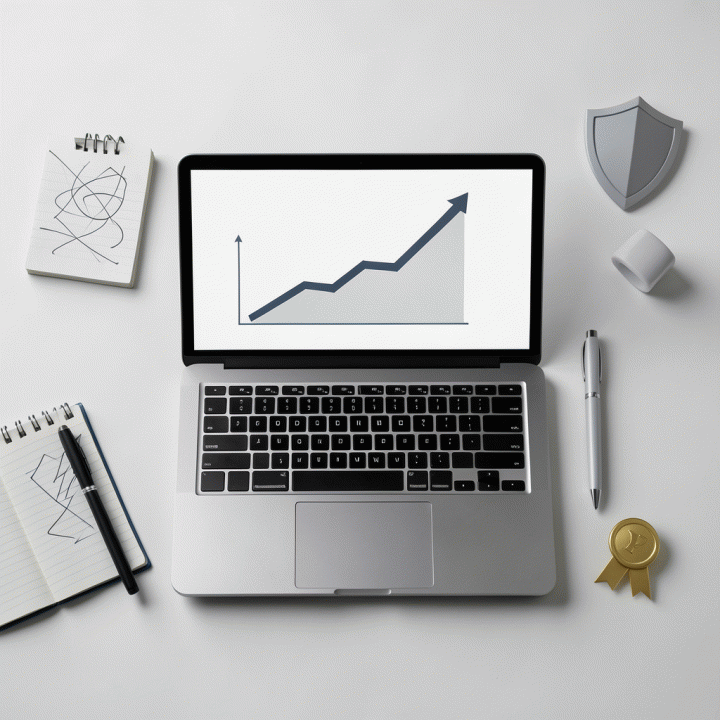 Komposisi flat-lay dari alat digital marketing dan laptop yang menunjukkan peningkatan konversi yang cepat dan profesional.