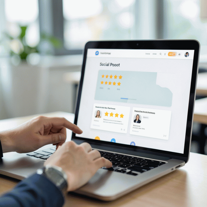 Tangan yang sedang mengoperasikan antarmuka pembangunan landing page di laptop, menunjukkan kemudahan penggunaan fitur social proof yang didukung AI.