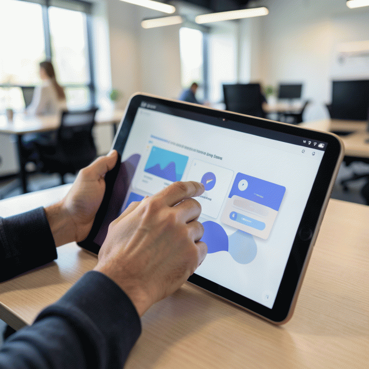 Tangan profesional menggunakan tablet untuk membangun landing page secara cepat dan intuitif menggunakan antarmuka desain AI yang modern.