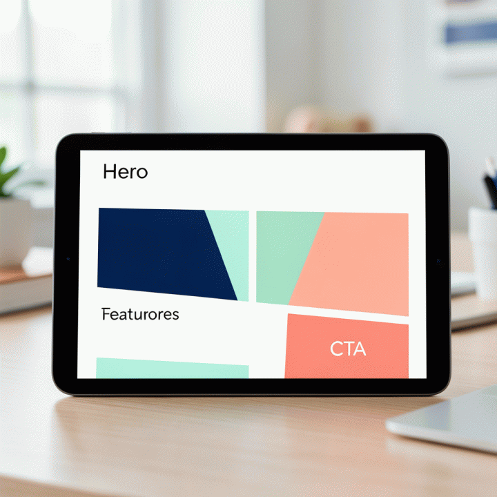 Contoh desain landing page modern dan profesional di tablet, menunjukkan tata letak yang terstruktur untuk konversi tinggi.