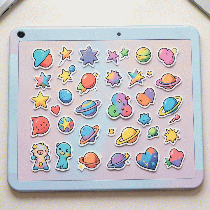 Flat lay digital art showing various sticker packs and design elements on a drawing tablet, representing social media content creation.