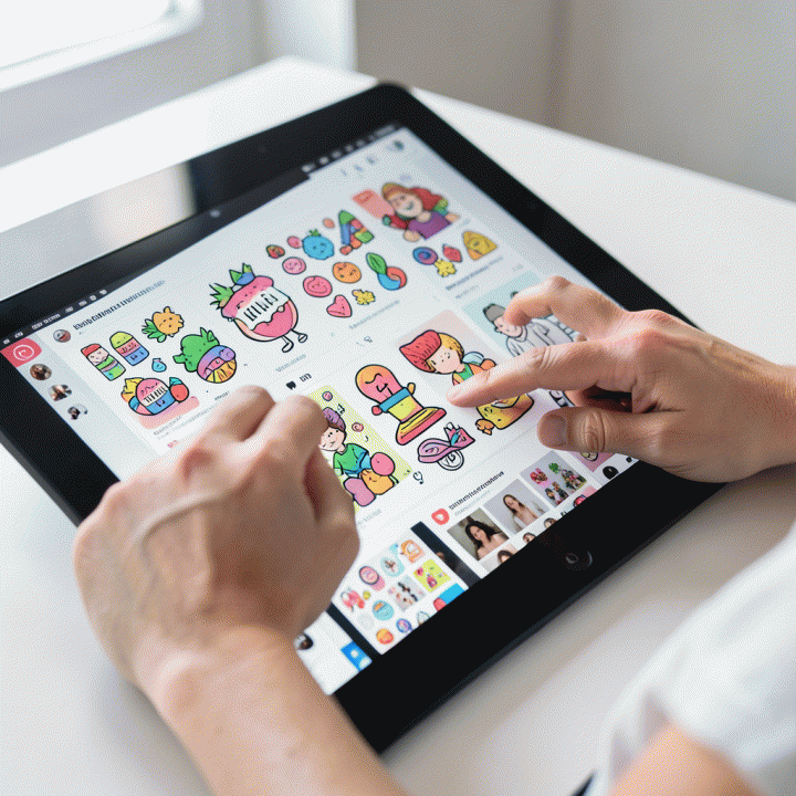 Tangan content creator menggunakan tablet digital untuk menambahkan stiker dekoratif pada desain media sosial.