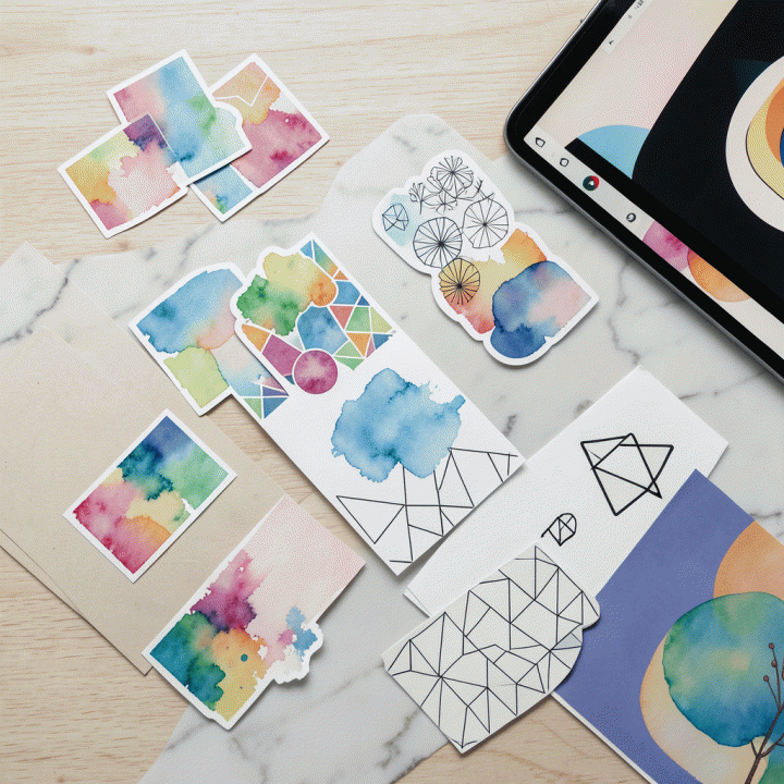 Komposisi flat lay estetis berisi beragam aset stiker digital dan perlengkapan seni kreatif, menunjukkan tren desain visual modern dan premium.