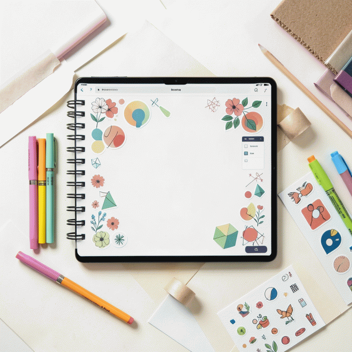 Jurnal digital yang dihias dengan stiker dan aksen dekoratif, menunjukkan estetika produktivitas dan perencanaan kreatif.