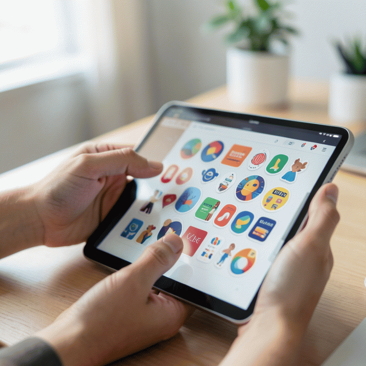 Tangan sedang menambahkan stiker digital premium ke desain di tablet, menunjukkan proses kreatif dan penggunaan aset digital.