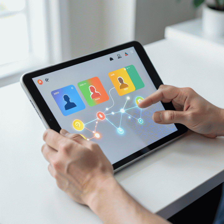 Tangan pengguna mengoperasikan antarmuka PersonaCore AI di tablet untuk menyusun persona pelanggan secara terstruktur.