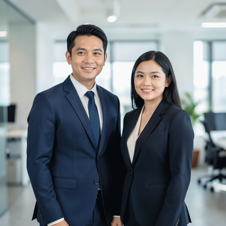Foto headshot profesional bergaya sinematik dari pasangan profesional muda Indonesia yang berpose percaya diri di latar belakang kantor modern, menunjukkan tren foto LinkedIn 2026.