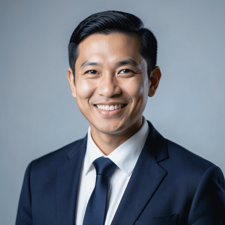Contoh foto headshot profesional modern untuk LinkedIn, dengan latar belakang netral.